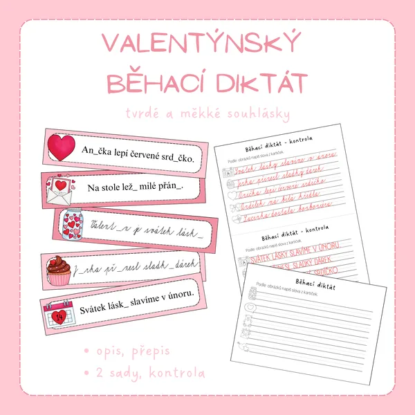 Valentýnský běhací diktát - tvrdé a měkké souhlásky 1