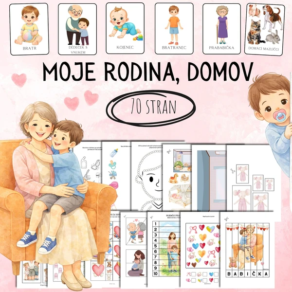 MOJE RODINA, MŮJ DOMOV - demonstrační obrázky, sestavování místností, Já mám, kdo má, tečkování vatovými tyčinkami, pracovní listy, skládačky, grafomotorika, dokreslování, vybarvování 1