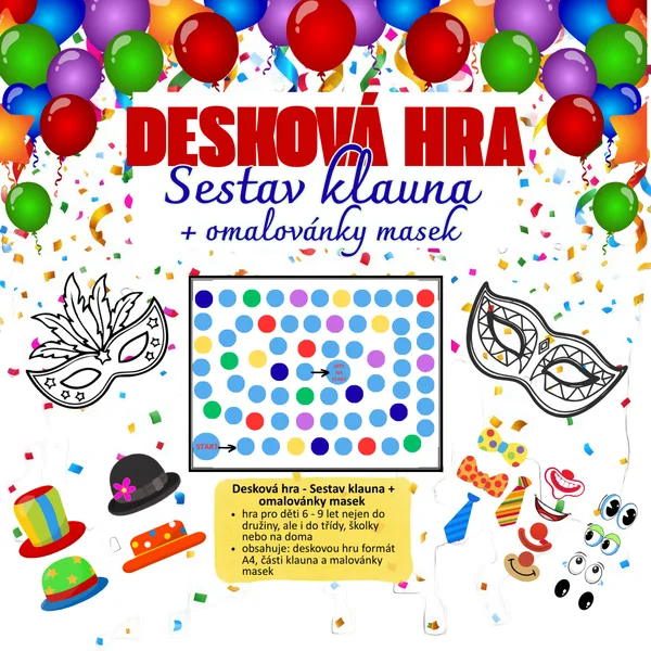 DESKOVÁ HRA - SESTAV KLAUNA + OMALOVÁNKY MASEK 1