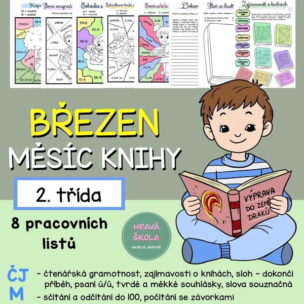 BŘEZEN - MĚSÍC KNIHY - ČJ + M - 2. TŘÍDA - 8 PL + řešení 1