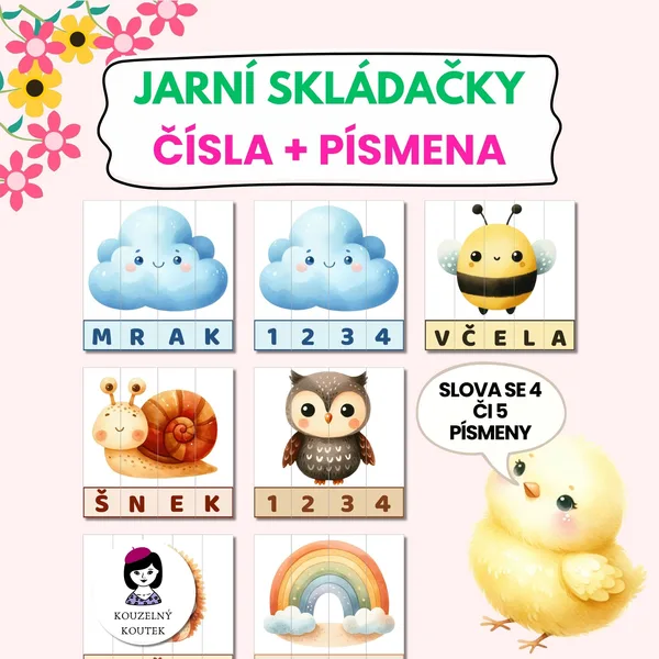 Skládačka s jarními motivy, čísla a písmena 1