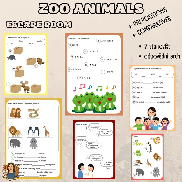 ZOO animals, prepositions, comparatives - escape room 1