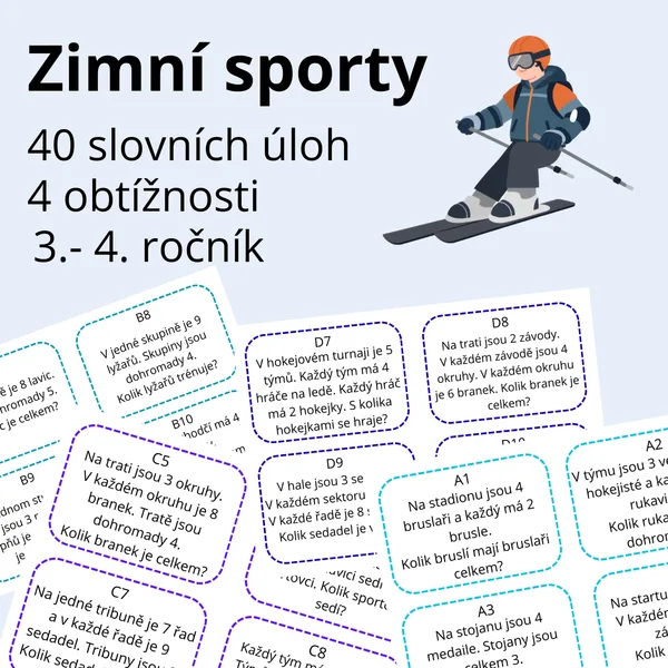 Slovní úlohy na násobilku: Zimní sporty (40 úloh, 4 úrovně) 1