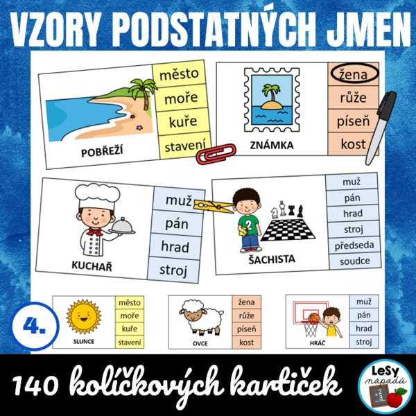 Vzory podstatných jmen - kolíčkové kartičky barevné 1