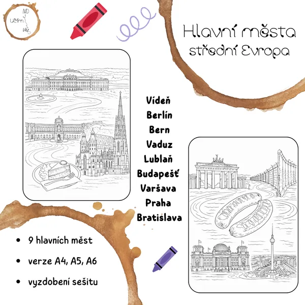 Hlavní města střední Evropa - omalovánky 1