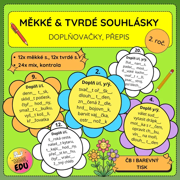 Měkké a tvrdé souhlásky - doplňovačky, přepis 1