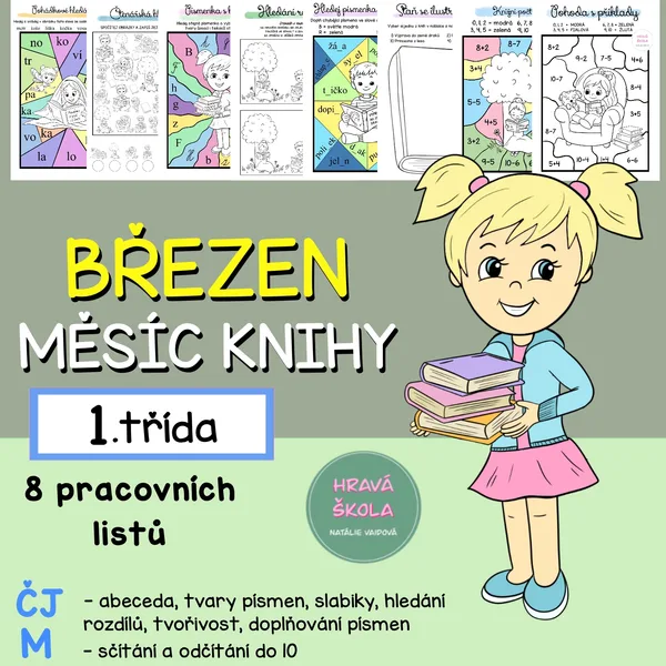BŘEZEN - MĚSÍC KNIHY - ČJ + M - 1. TŘÍDA - 8 PL + řešení 1