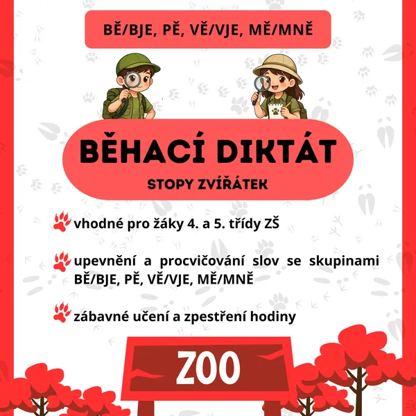 Běhací diktát BĚ/BJE, PĚ, VĚ/VJE, MĚ/MNĚ 1