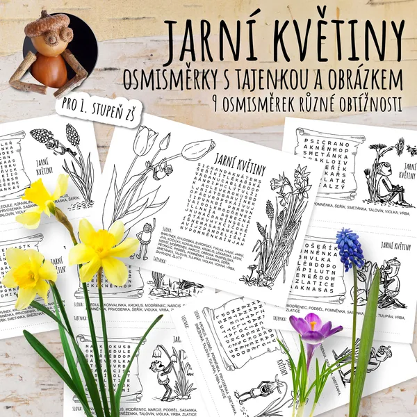 Jarní květiny - osmisměrky s tajenkou a obrázkem 1