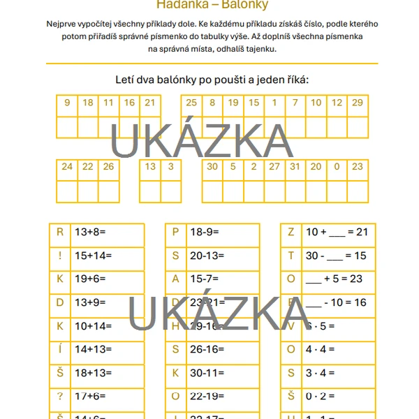 Matemtická hádanka s tajenkou - Balónky 1