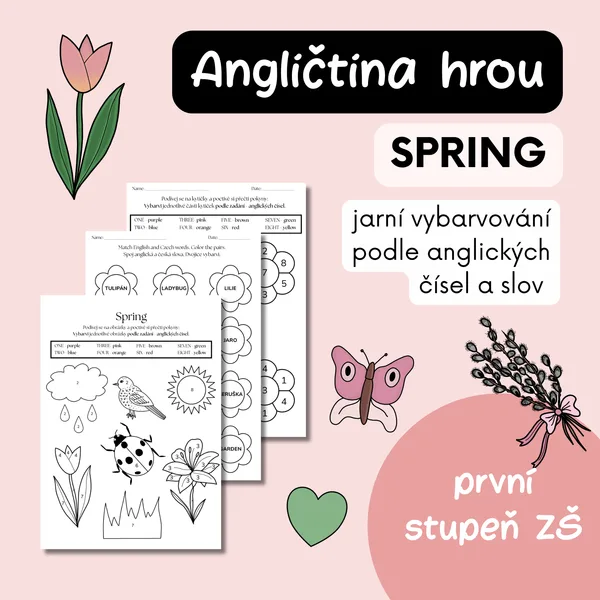 Jaro v angličtině - vybarvování podle slovíček, colors, numbers 1