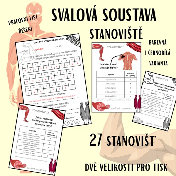 Svalová soustava - stanoviště (27 stanovišť, pracovní list, výsledky) 1