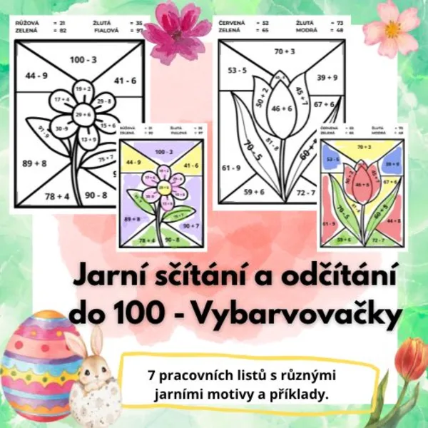 Jarní sčítání a odčítání do 100 - Vybarvovačky 1