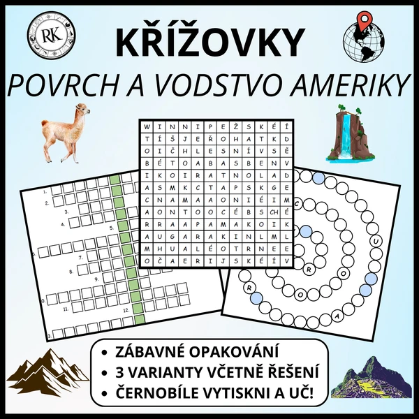 Povrch a vodstvo Ameriky - Křížovky, osmisměrky 1