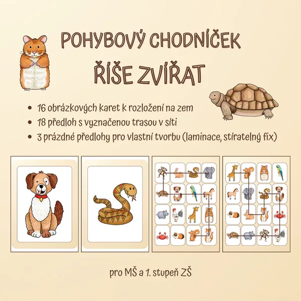 Pohybový chodníček - zvířata (16 obrázků, 18 předloh s trasami, 3 prázdné šablony) 1