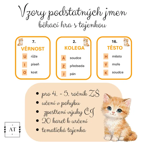 Vzory podstatných jmen - běhací hra s tajenkou 1