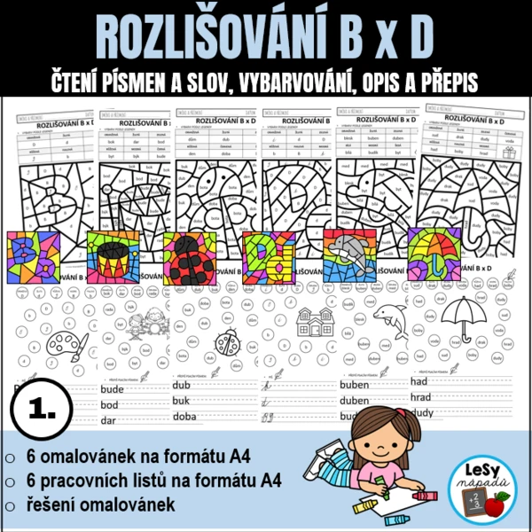 Rozlišování písmen B a D - omalovánky a PL 1