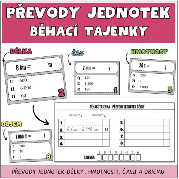 Převody jednotek délky, hmotnosti, objemu a času - běhací tajenky 1