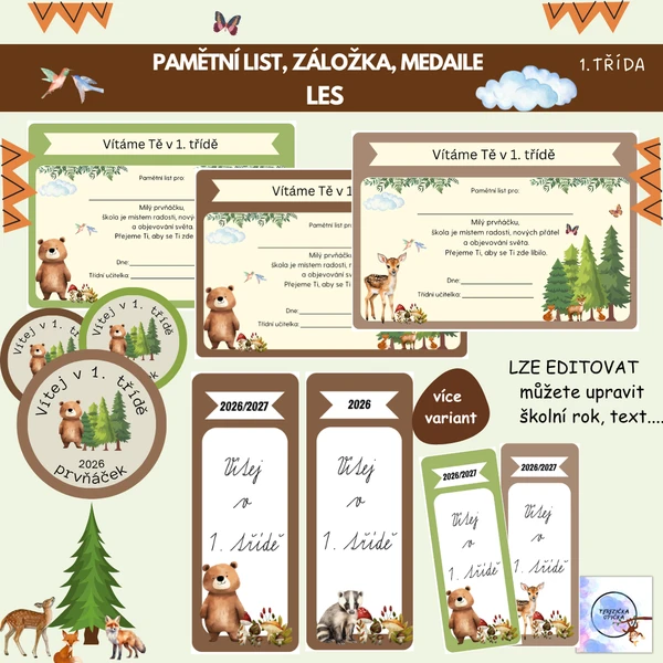 UVÍTACÍ LIST, ZÁLOŽKA, MEDAILE - LES /Prvňáček 2026 1