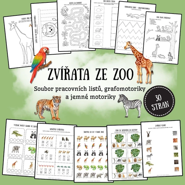 Zvířata ze ZOO - soubor pracovních listů, grafomotoriky a jemné motoriky 1