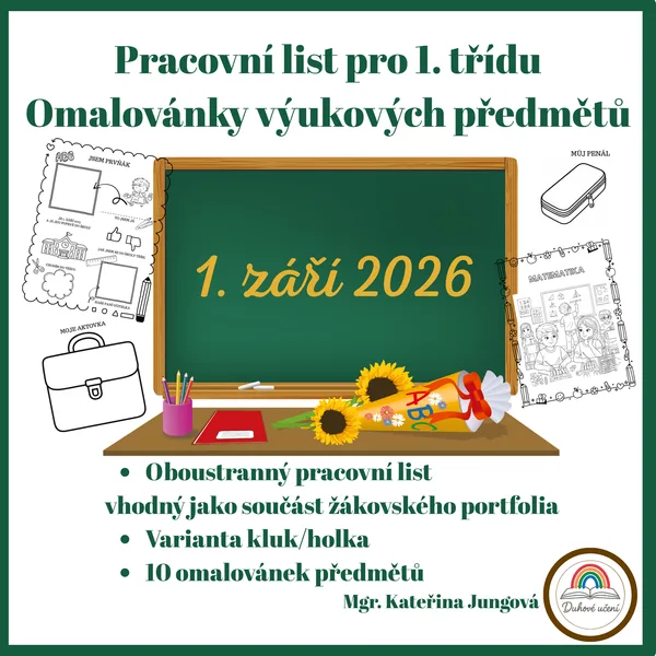 Pracovní list pro prvňáky a omalovánky výukových předmětů 1