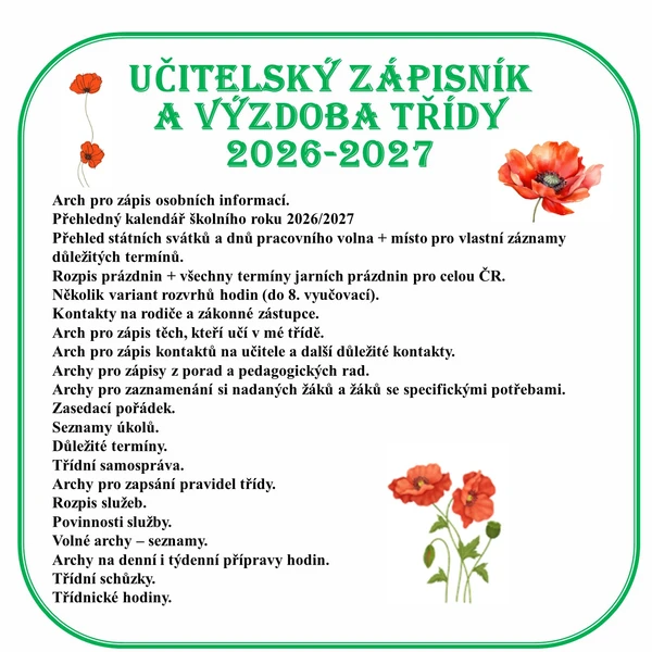 UČITELSKÝ ZÁPISNÍK A VÝZDOBA TŘÍDY - VLČÍ MÁKY 2026-2027 1