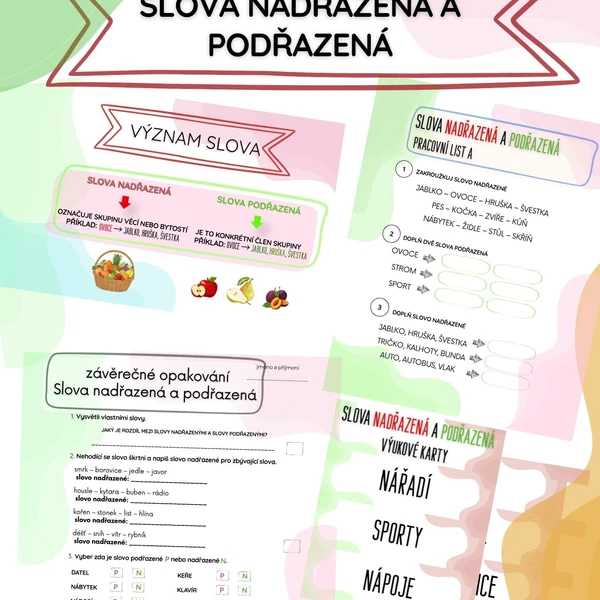 Slova nadřazená a podřazená – výukové karty, pracovní listy a závěrečný test 1