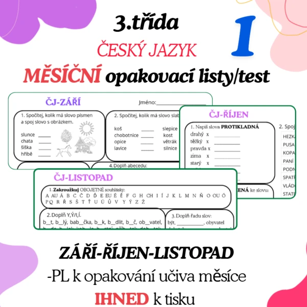 3. třída: MĚSÍČNÍ opakovací listy 1 (září-listopad) 1