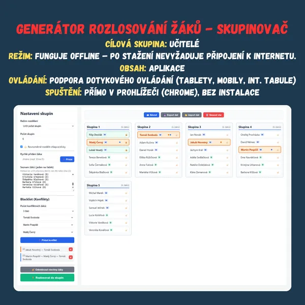 Generátor rozlosování žáků - Skupinovač 1