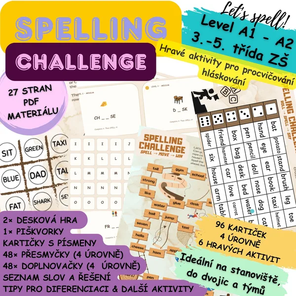 SPELLING CHALLENGE – 6 aktivit + 96 kartiček ve 4 úrovních | AJ | 3.–5. třída 1