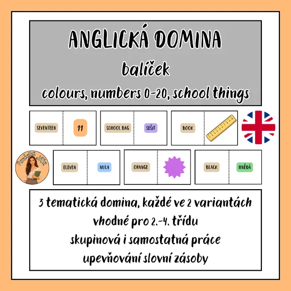 ANGLICKÁ DOMINA - balíček - colours, numbers 0-20, school things 1
