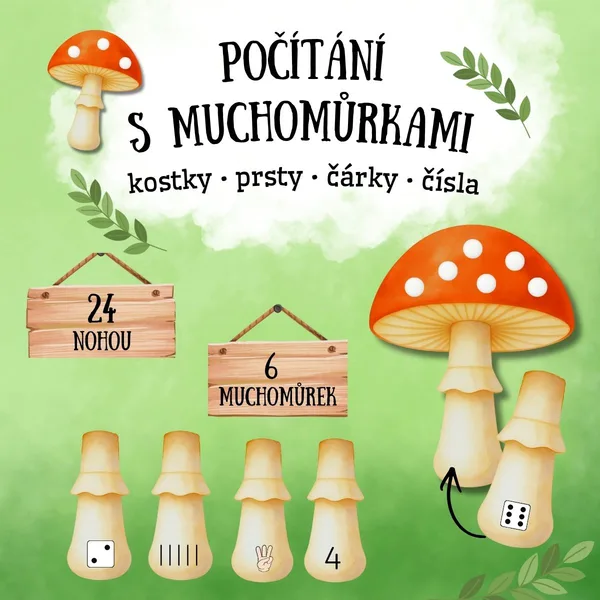 Počítání s muchomůrkami - kostky, prsty, čárky, čísla 1