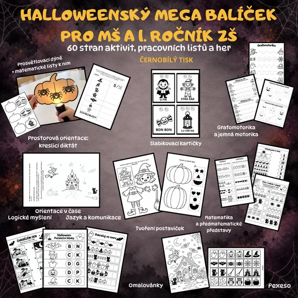 🕸️ HALLOWEENSKÝ MEGA BALÍČEK PRO MŠ A 1. ROČNÍK ZŠ – 60 stran aktivit, pracovních listů a her 1