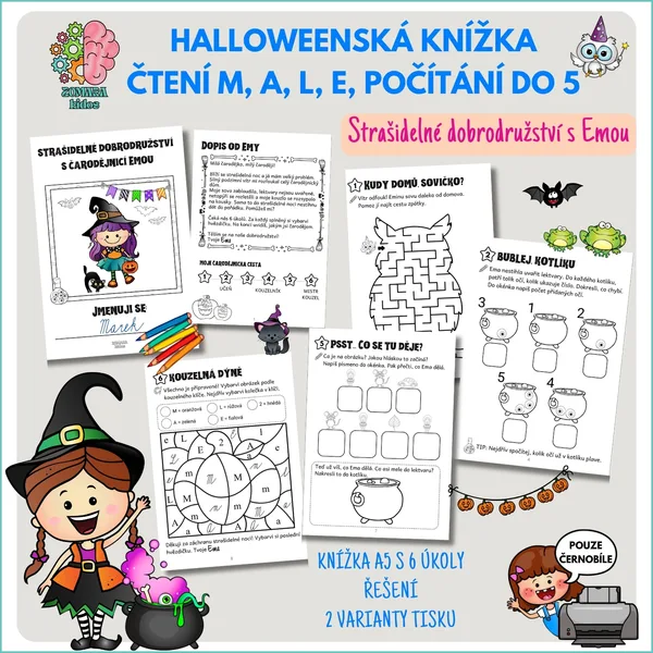 Halloweenská kniha – čtení M, A, L, E a počítání do 5: Strašidelné dobrodružství s Emou 1