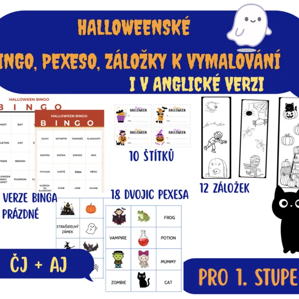 Halloween (ČJ a AJ) - bingo, pexeso, záložky, štítky, omalovánka 1