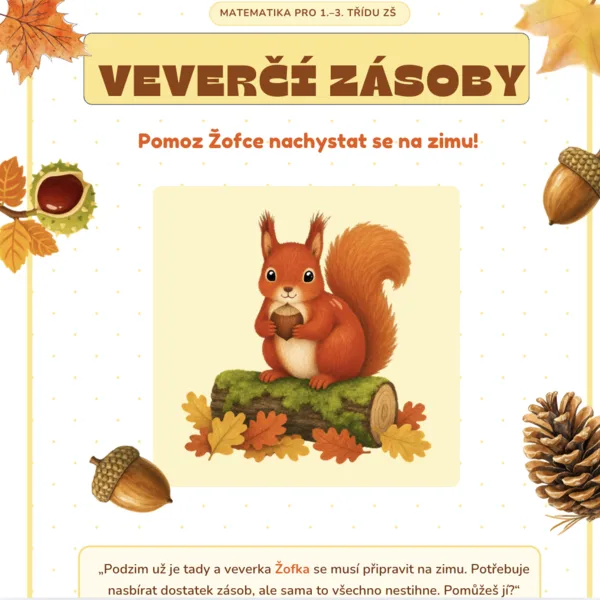 Veverčí zásoby - Podzimní matematický pracovní list pro 1.–3. třídu 1
