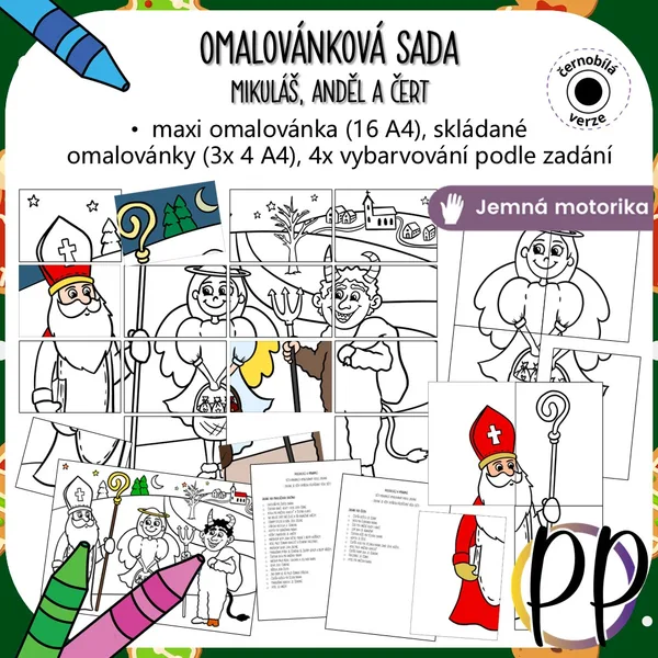 Mikuláš, anděl a čert - omalovánková sada s maxi omalovánkou 1