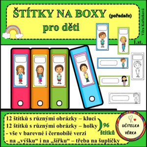 ŠTÍTKY NA BOXY/POŘADAČE pro děti - barevná řada
