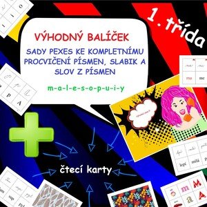 SOUBOR PEXES A KARET Z PSANÉHO PÍSMA K PROCVIČOVÁNÍ ČTENÍ PRVNÍCH PÍSMEN, SLABIK A JEDNOSLABIČNÝCH A DVOUSLABIČNÝCH SLOV