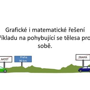 Grafické i matematické řešení příkladu na pohybující se tělesa proti sobě.