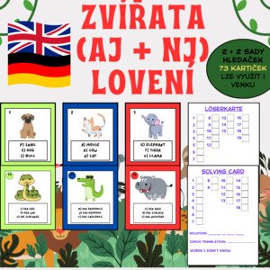 hra na LOVCE ZVÍŘAT - v NJ a AJ / 4 sady / 73 karet