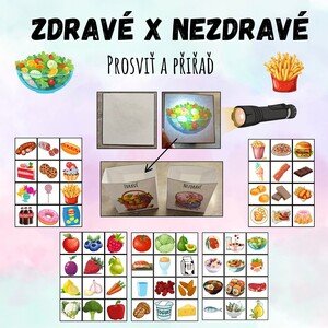 Prosvětlovací obrázky, třízení - Prosviť a přiřaď - Zdravé x nezdravé jídlo, potraviny