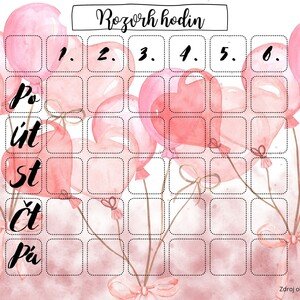 Rozvrh hodin - růžové balonky srdíčka