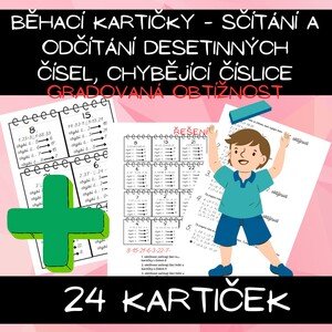 Běhací kartičky - sčítání a odčítání desetinných čísel, chybějící číslice