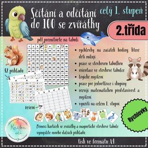 Sčítání a odčítání do 100 se zvířátky - stovková tabulka