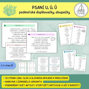 Psaní u, ú, ů - sloupečky, doplňovačky