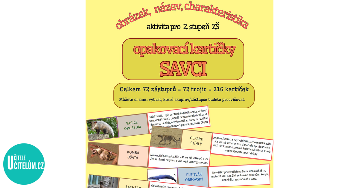 výukové kartičky- SAVCI - Biologie | UčiteléUčitelům.cz