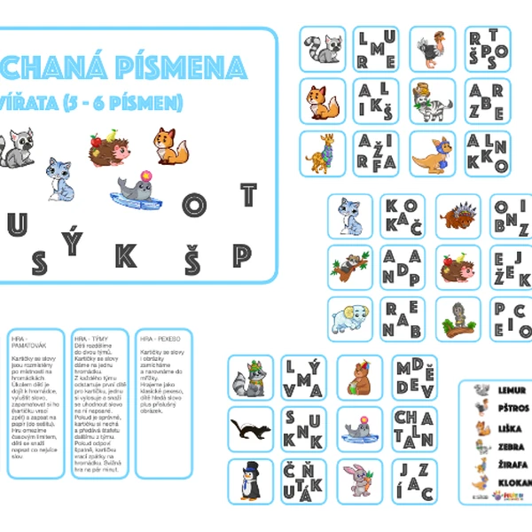 Pomíchaná písmena - zvířata (5-6 písmen)