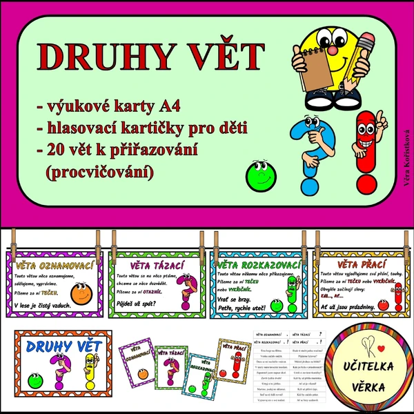DRUHY VĚT -výukové karty A4 + hlasovací kartičky pro děti + 20 vět k přiřazování pro děti (procvičování)