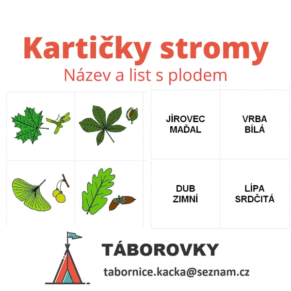 Kartičky stromy - název a list s plodem